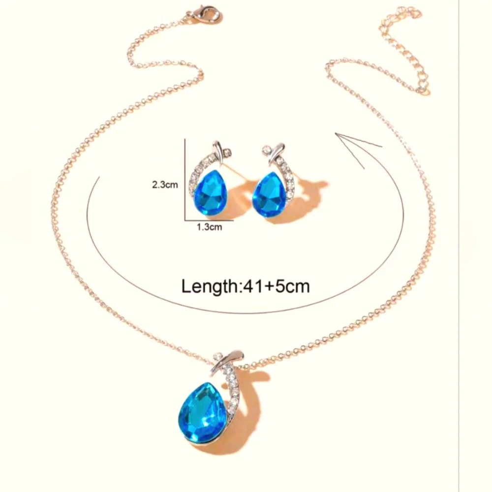 Blue Cubic Zirconia Water Drop Matching Pendant Necklace & Stud Earrings Set New